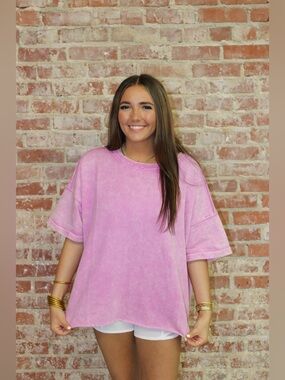 Zenana Bright Mauve French Terry Acid Washed T Shirt